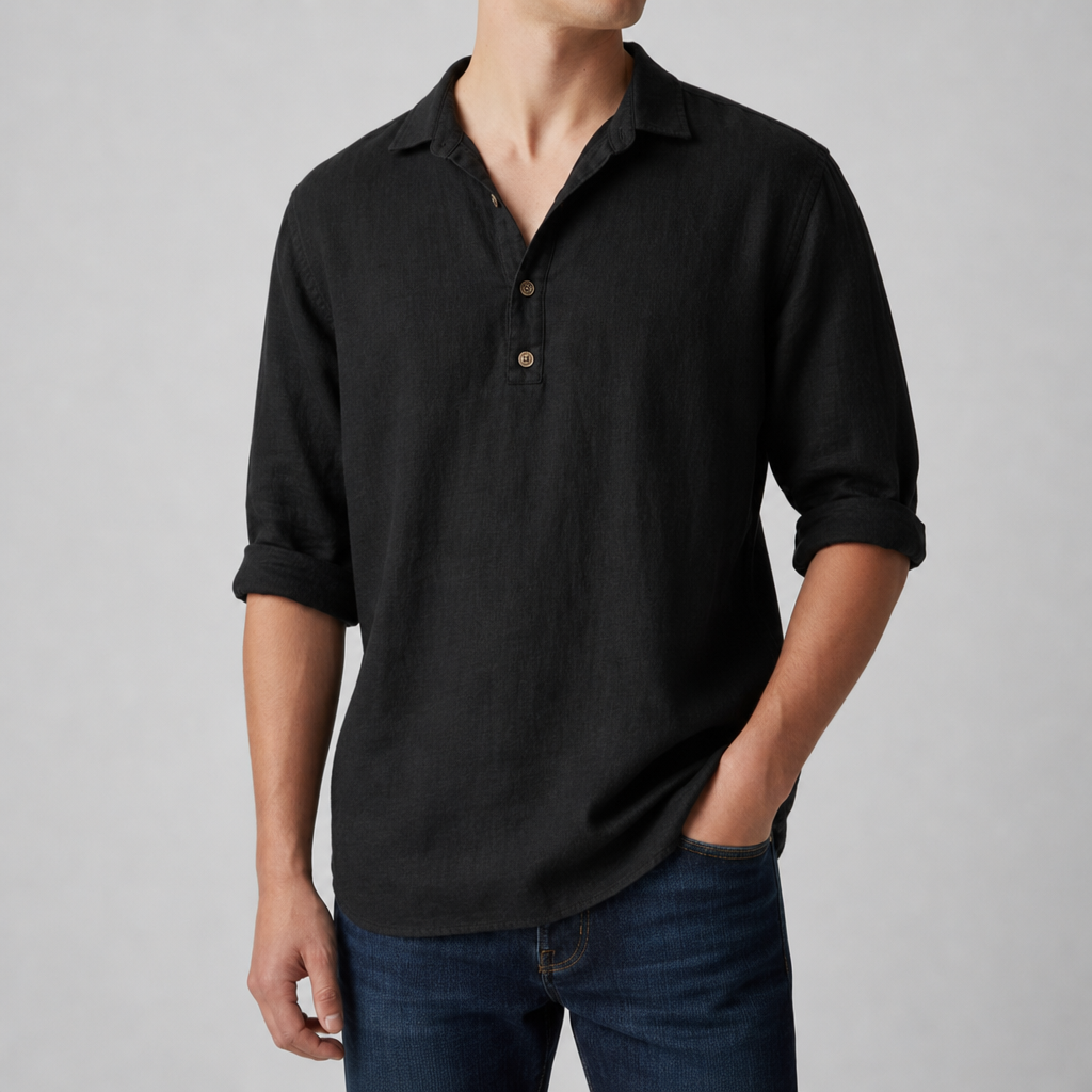 Ibiza Linen Henley Shirt in Black