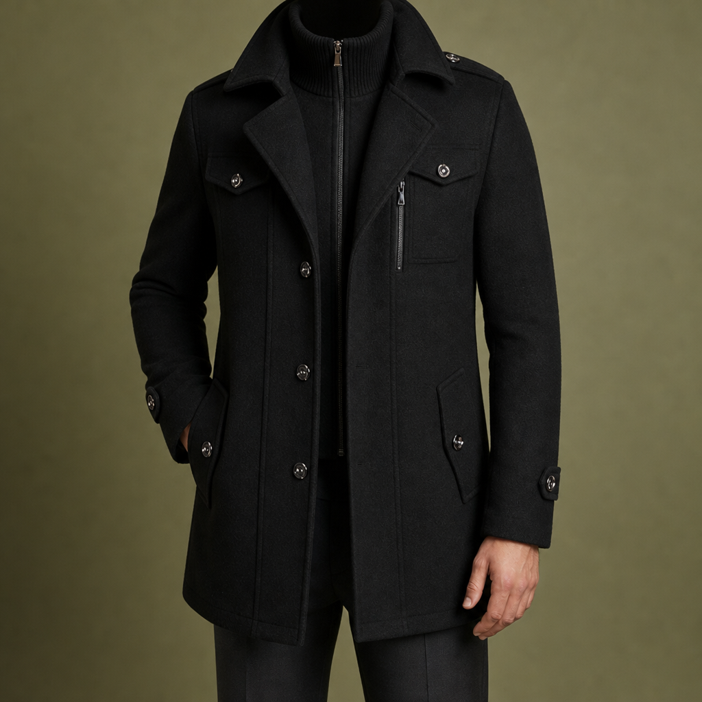 Sliema Wool Blend Overcoat in Black