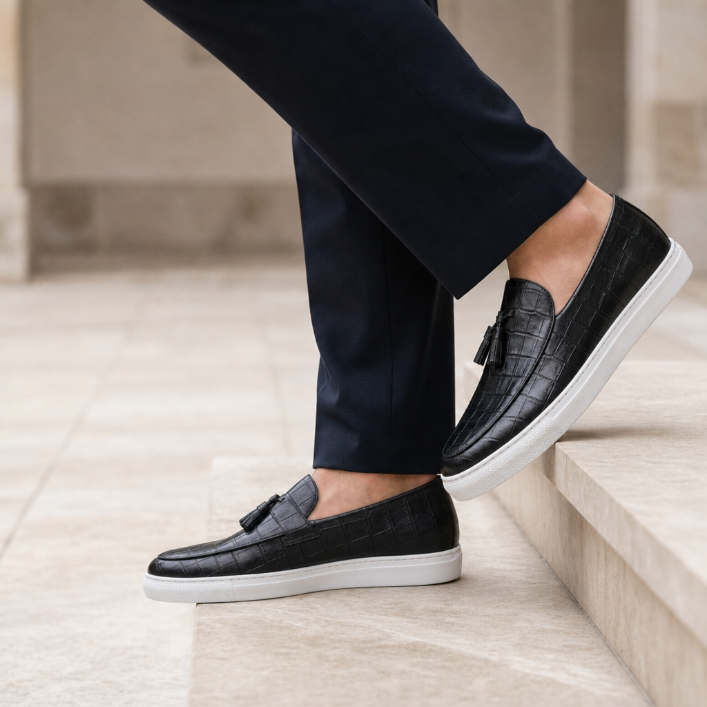 Cordoba Croc Tassel Loafers in Black