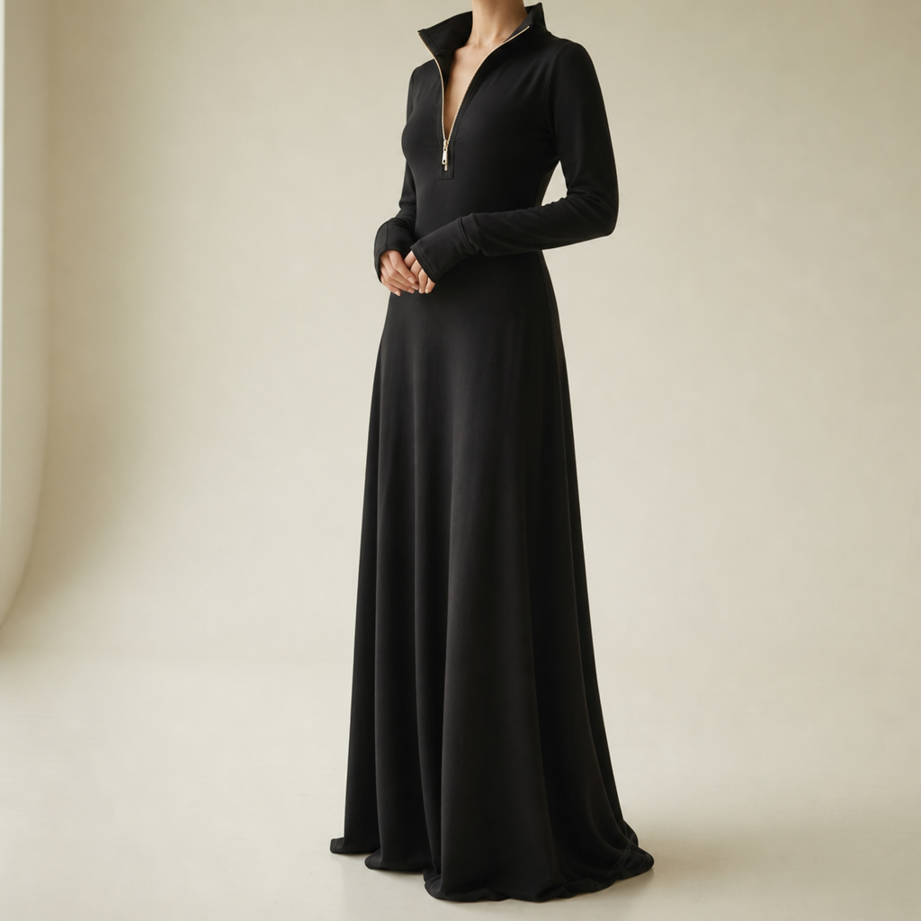 Rimini Zip-Up Maxi Dress in Black