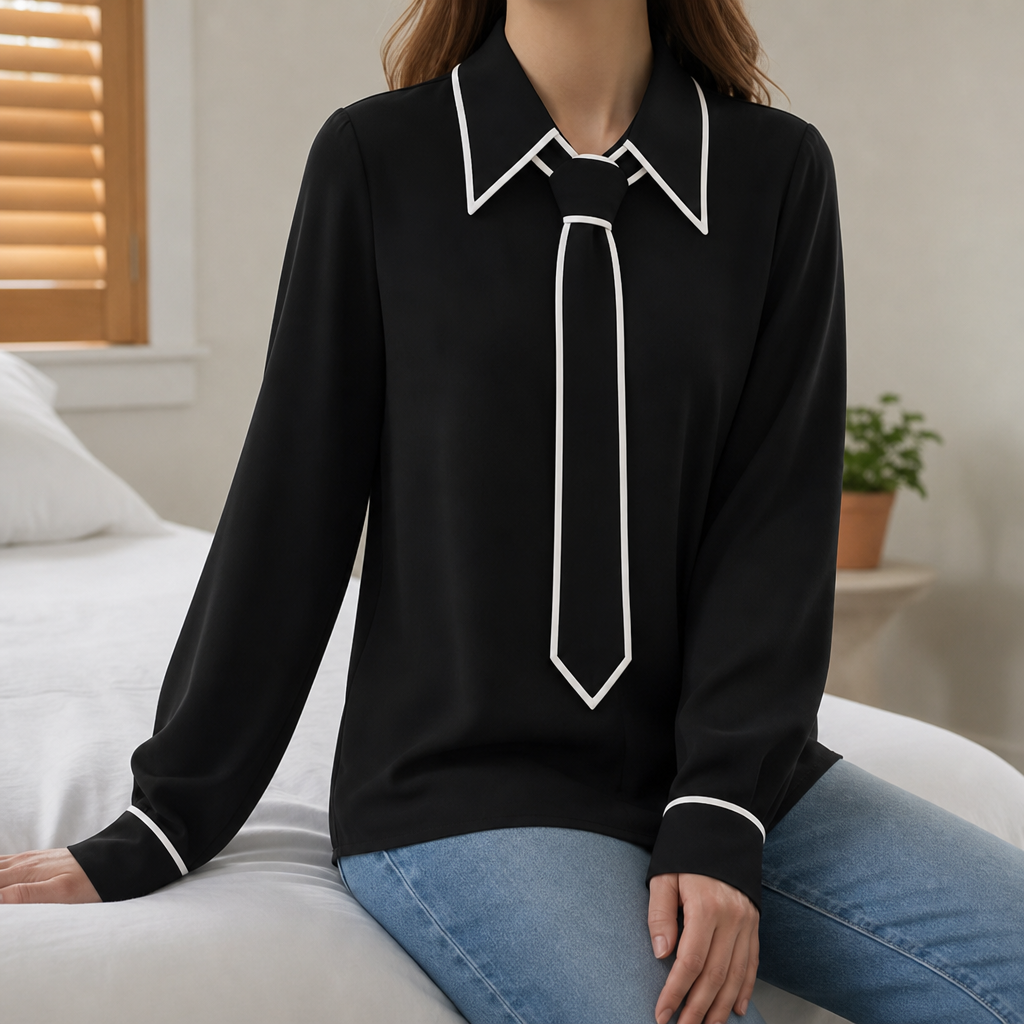 Trujillo Contrast Tie Blouse in Black