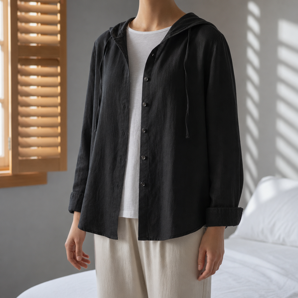 Padova Striped Linen Hoodie Shirt in Black