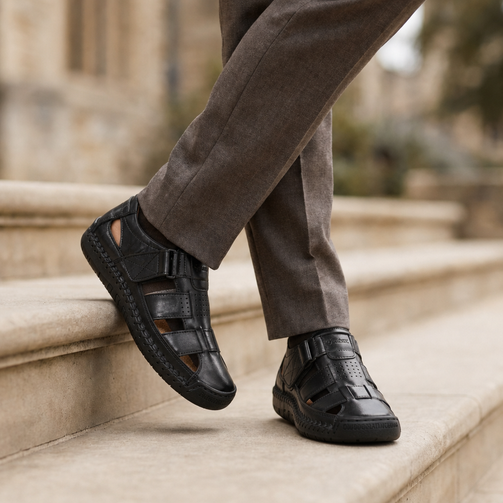 Arles Leather Fisherman Sandals in Black