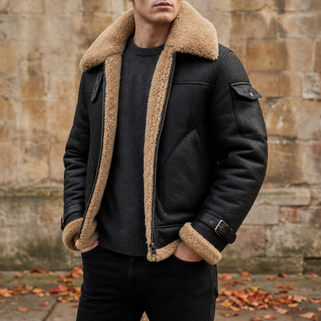 Paphos Shearling Lined Leather Jacket in Black