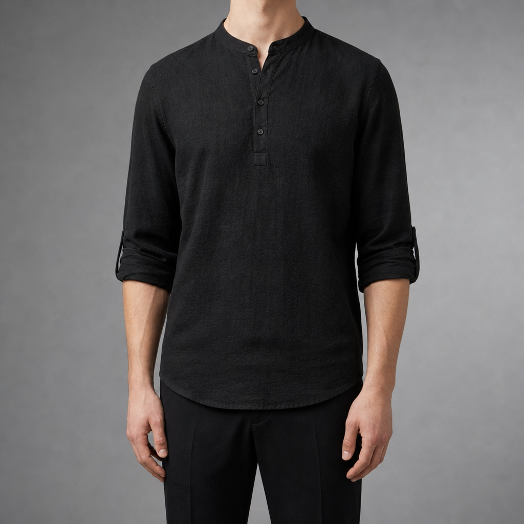 Perugia Linen Grandad Henley Shirt in Black