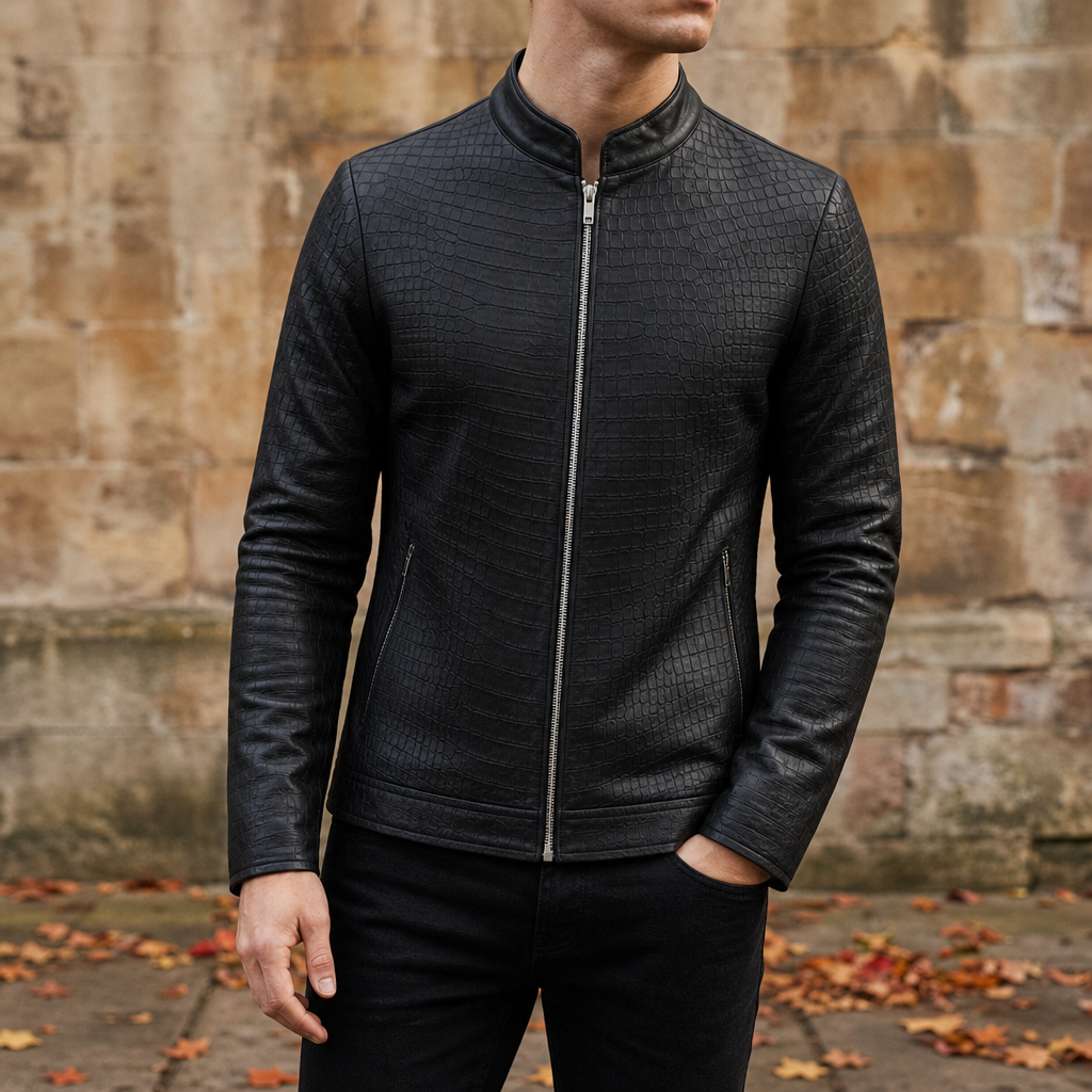Erice Croc Pattern Leather Jacket in Black