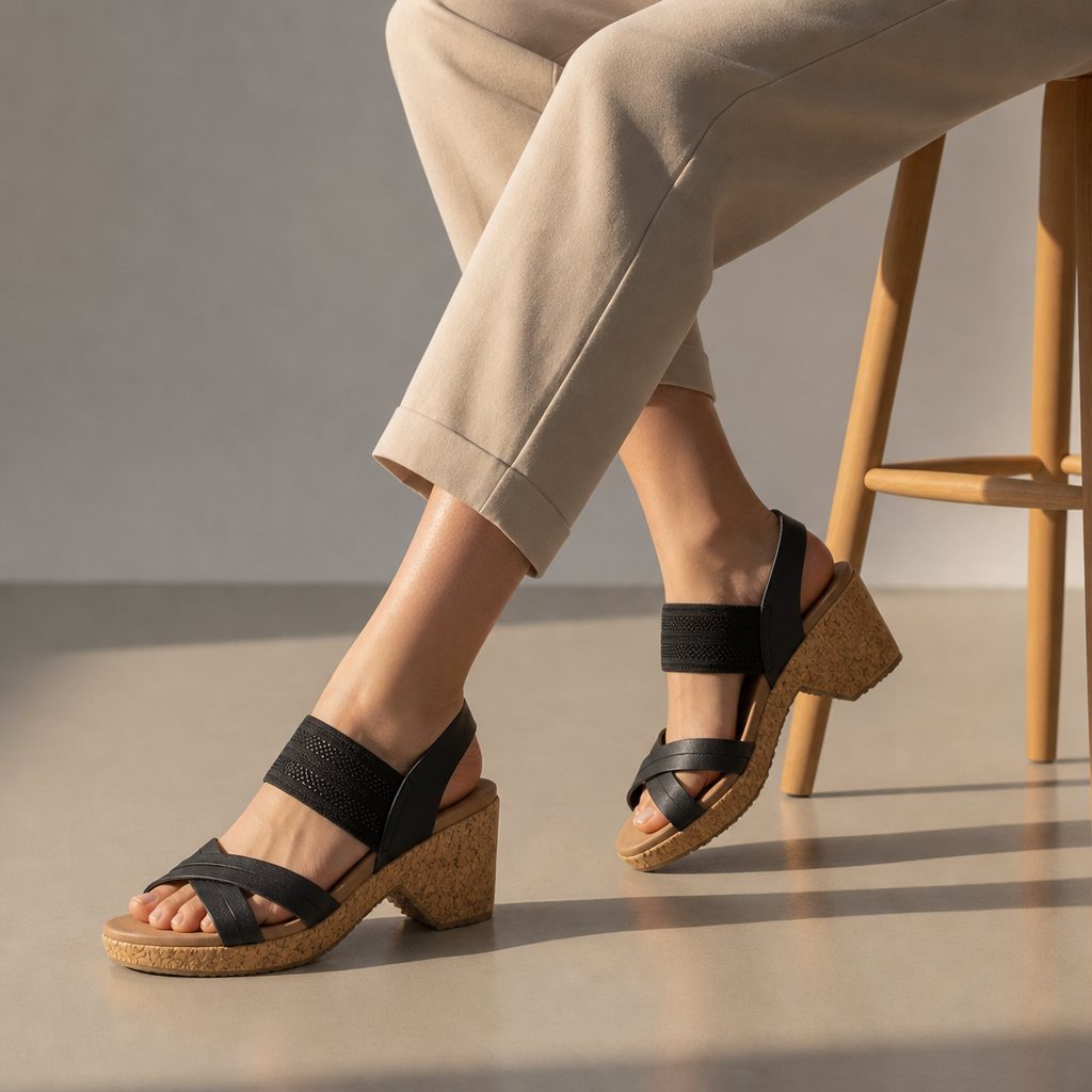 Arezzo Orthopedic Cork Wedge Sandals in Black