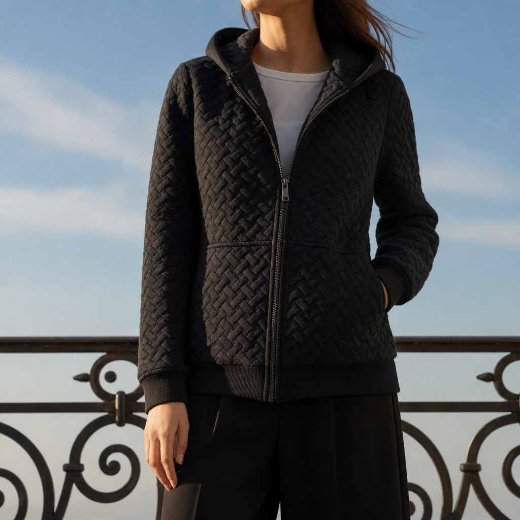 Gijon Basketweave Quilted Hoodie in Black