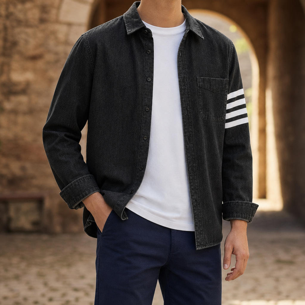 Ceret Striped Sleeve Denim Shirt in Black