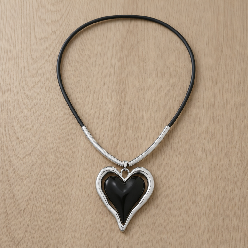 Ibiza Enamel Heart Pendant Necklace in Black-Silver