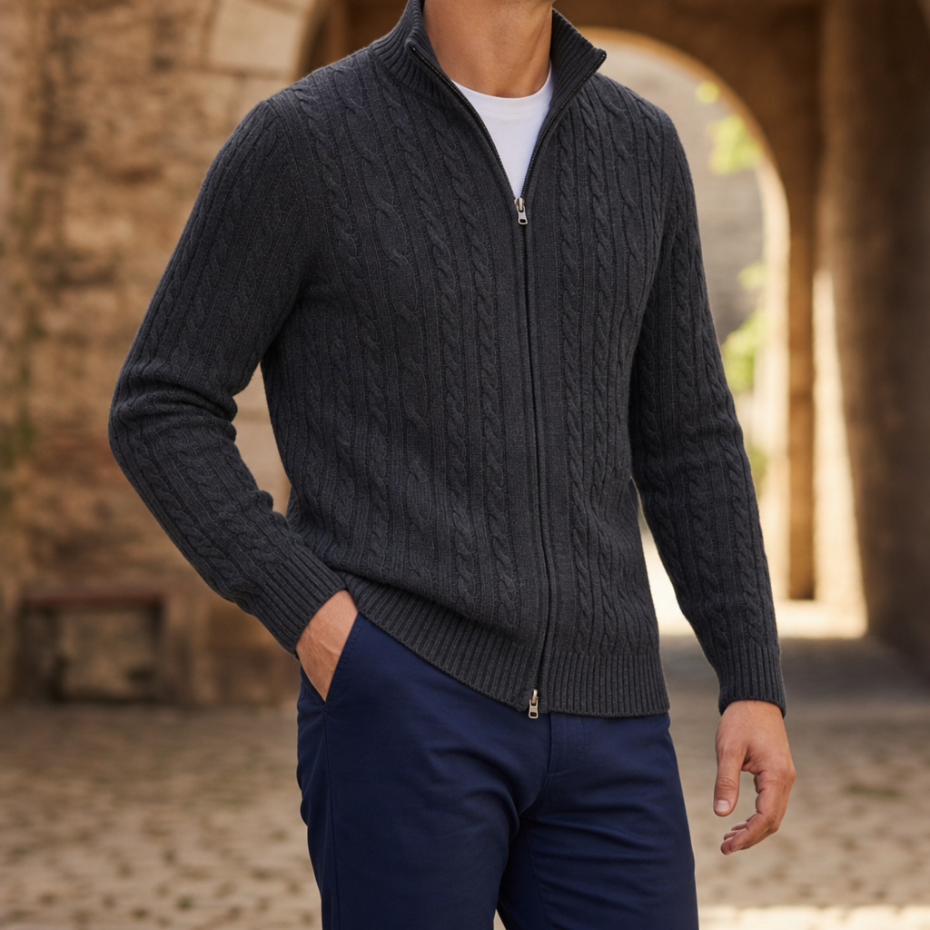 Hvar Cable Knit Zip Cardigan in Blackstone