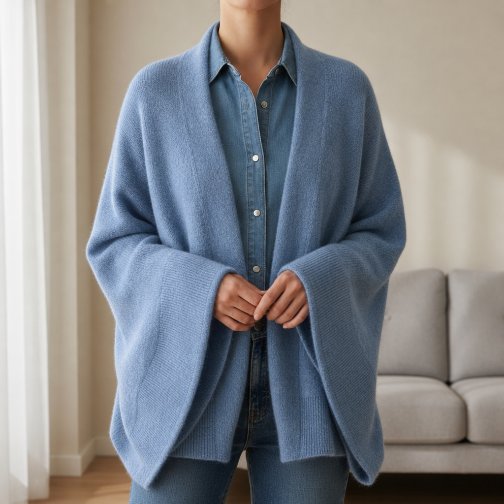 Thassos Wool Knit Shawl Cardigan in Blue