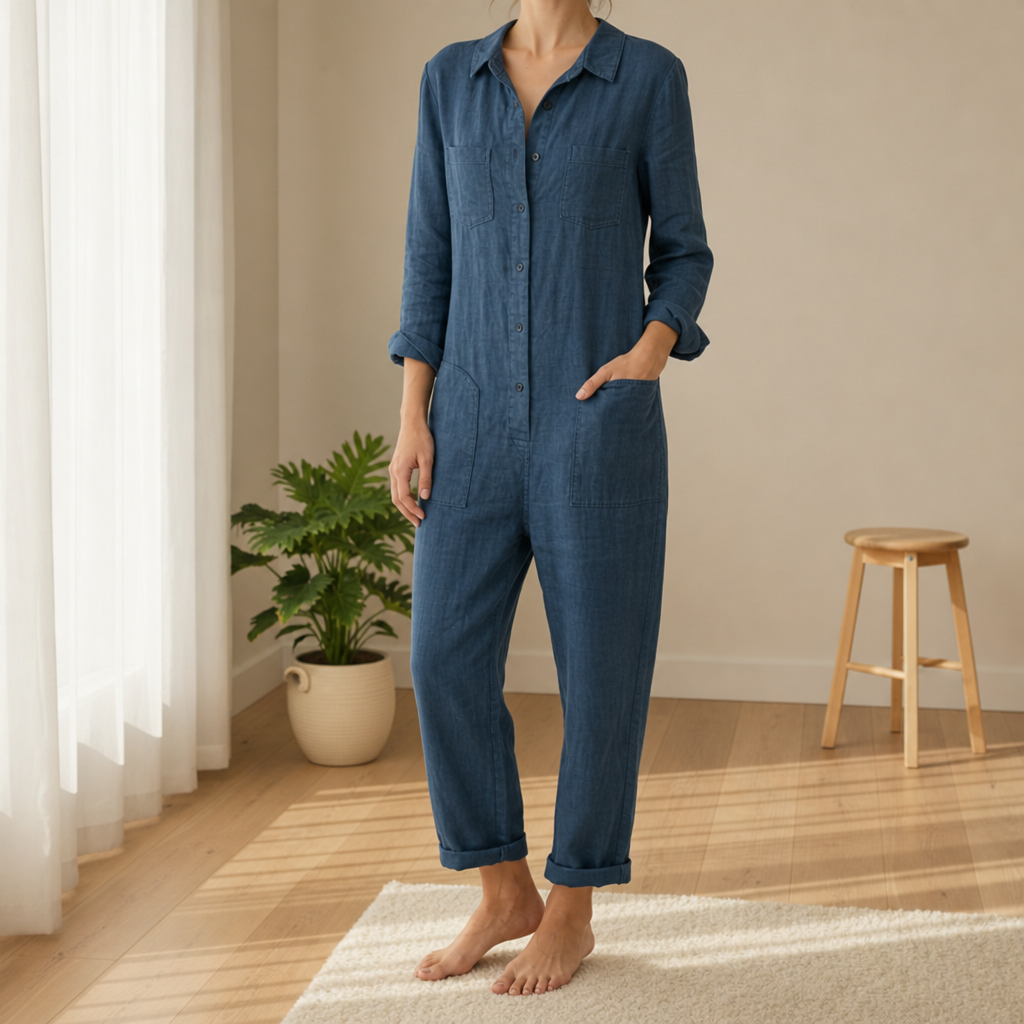 Skiathos Linen Button Jumpsuit in Blue