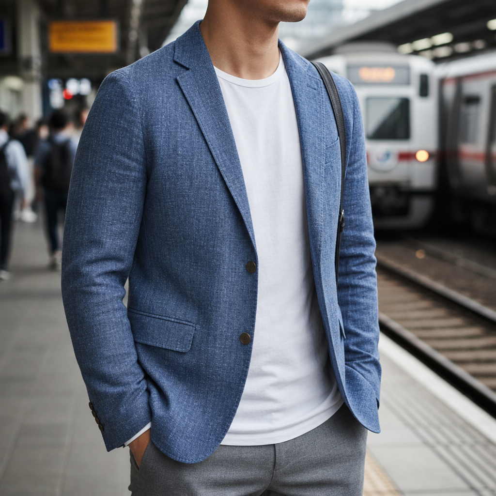 Lucca Slim Fit Linen Blazer in Blue