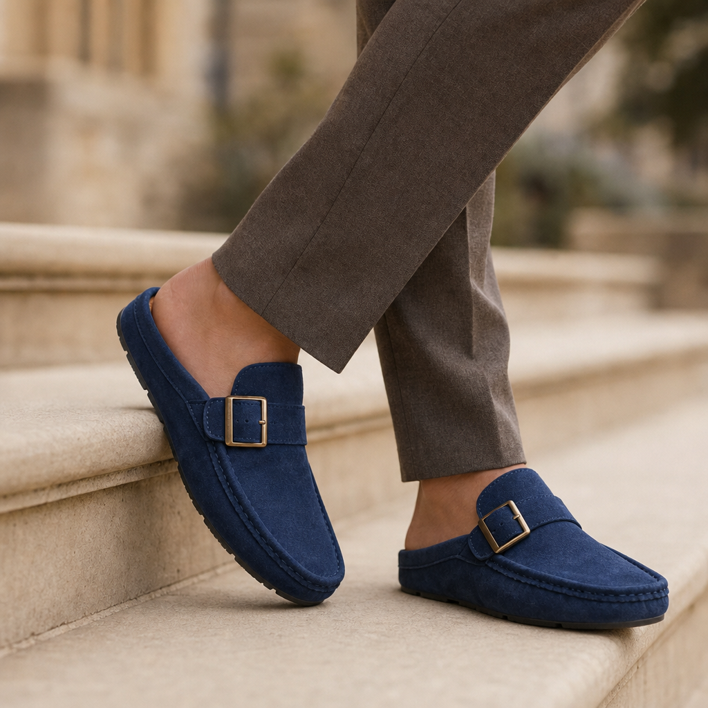 Begur Suede Buckle Mules in Blue
