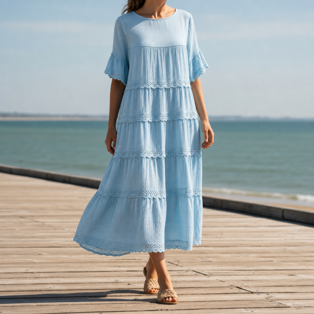 Bilbao Tiered Lace Trim Dress in Blue