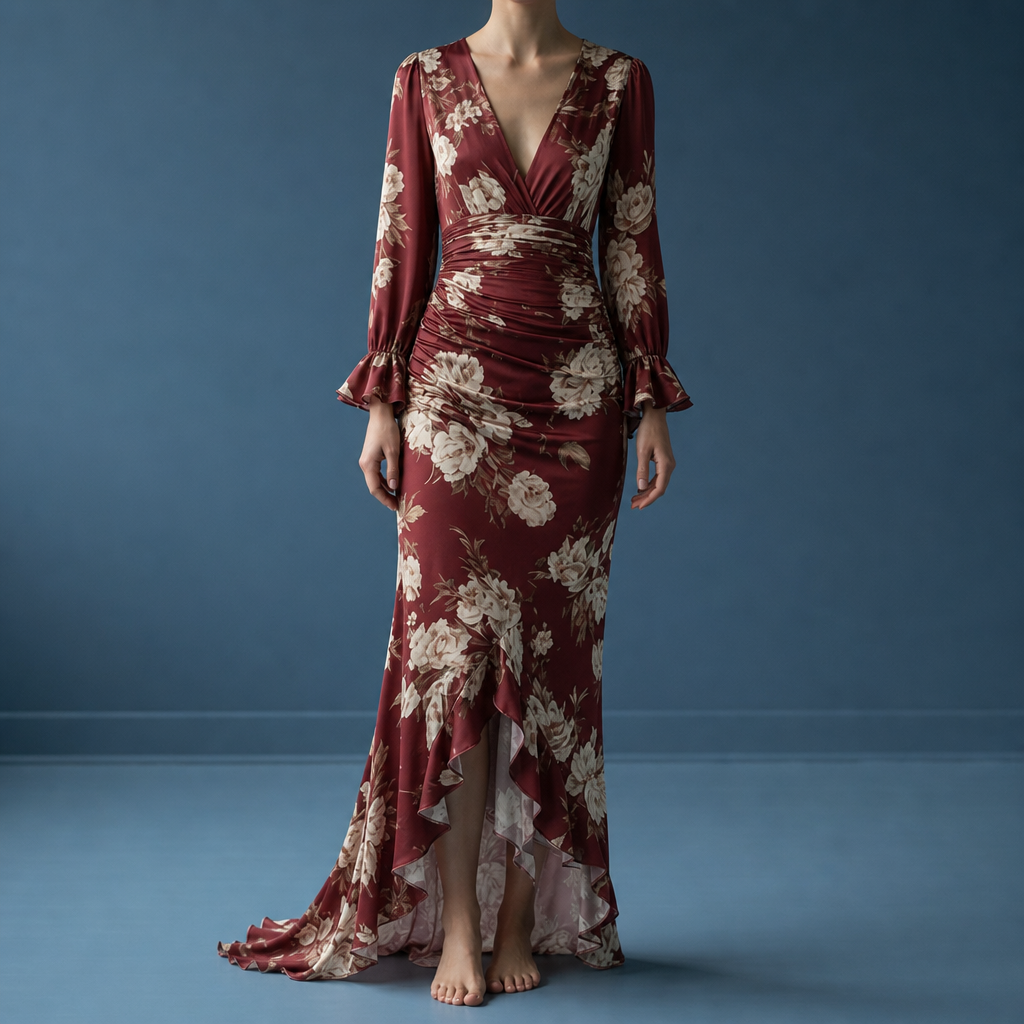 Ithaca Floral Ruffle Maxi Dress in Bordeaux Red