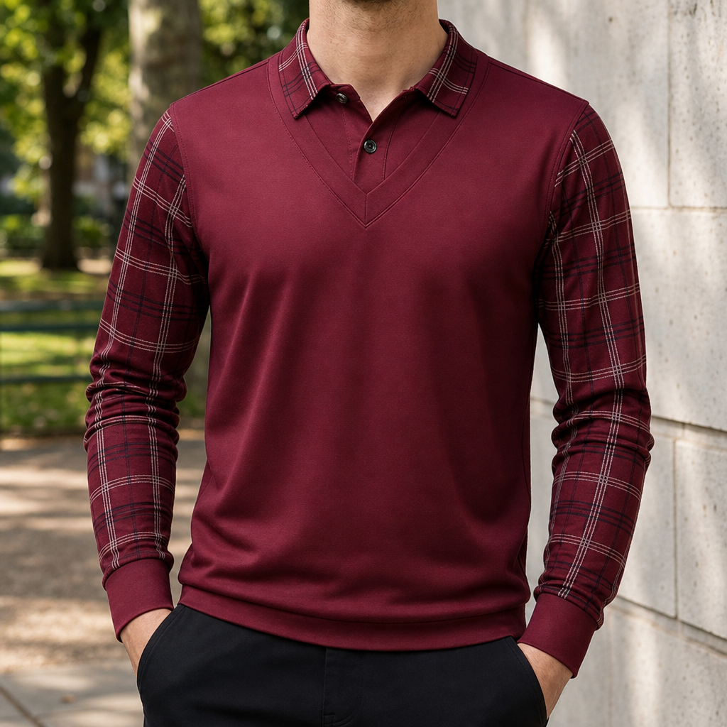 Corte Plaid Panel Polo in Bordeaux