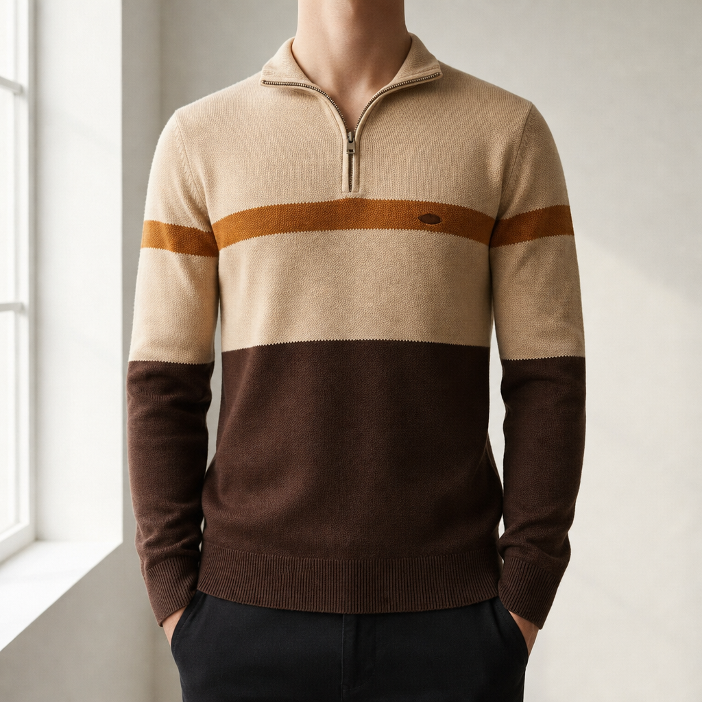 Gythio Colorblock Quarter-Zip Pullover in Brown Cream