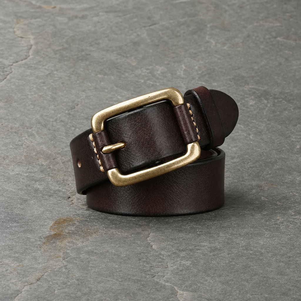 Mougins Brass Buckle Leather Belt in Brown