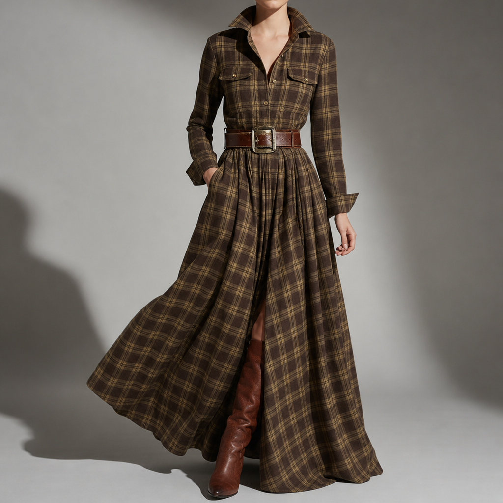Rabat Plaid Belted Maxi Dress in Brown