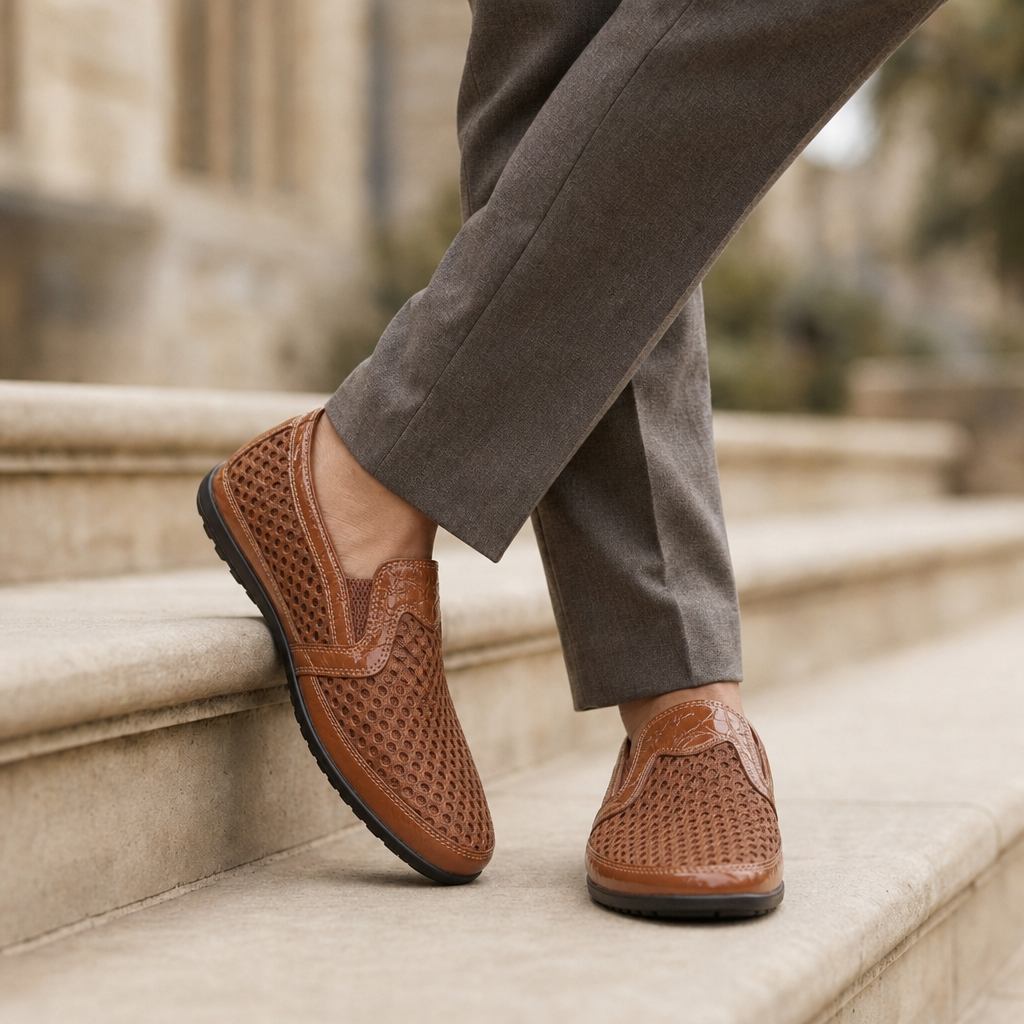 Poros Mesh Leather Loafers in Brown