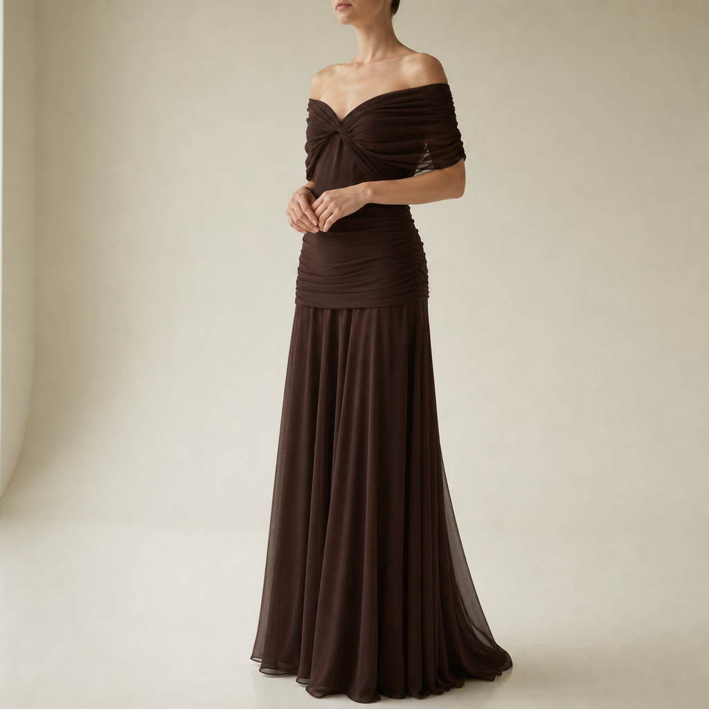 Zakynthos Ruched Chiffon Maxi Dress in Brown