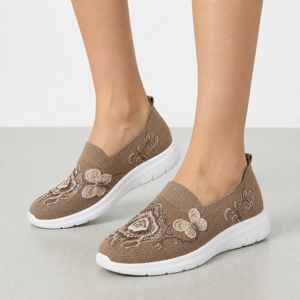 Valldemossa Embroidered Knit Slip-Ons in Brown