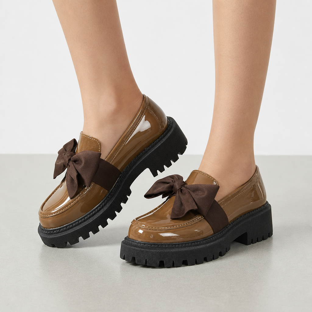 Chios Patent Bow Platform Loafers in Brown