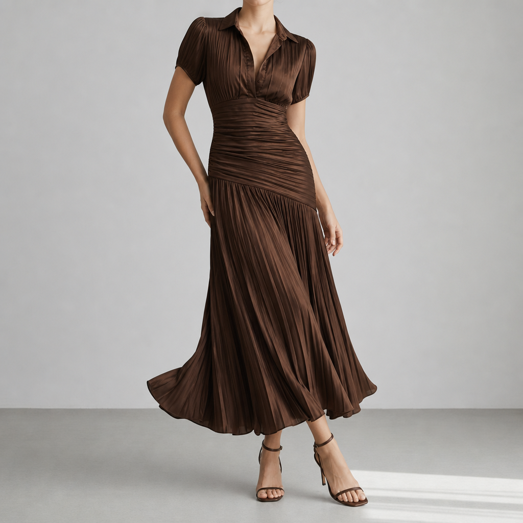 Milos Striped Satin Pleated Dress in Brown