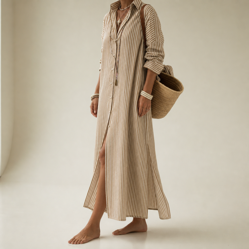 Comino Striped Linen Shirt Dress in Brown