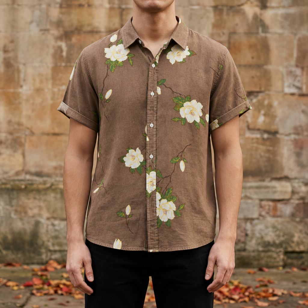 Polignano Floral Button-Up Shirt in Brown