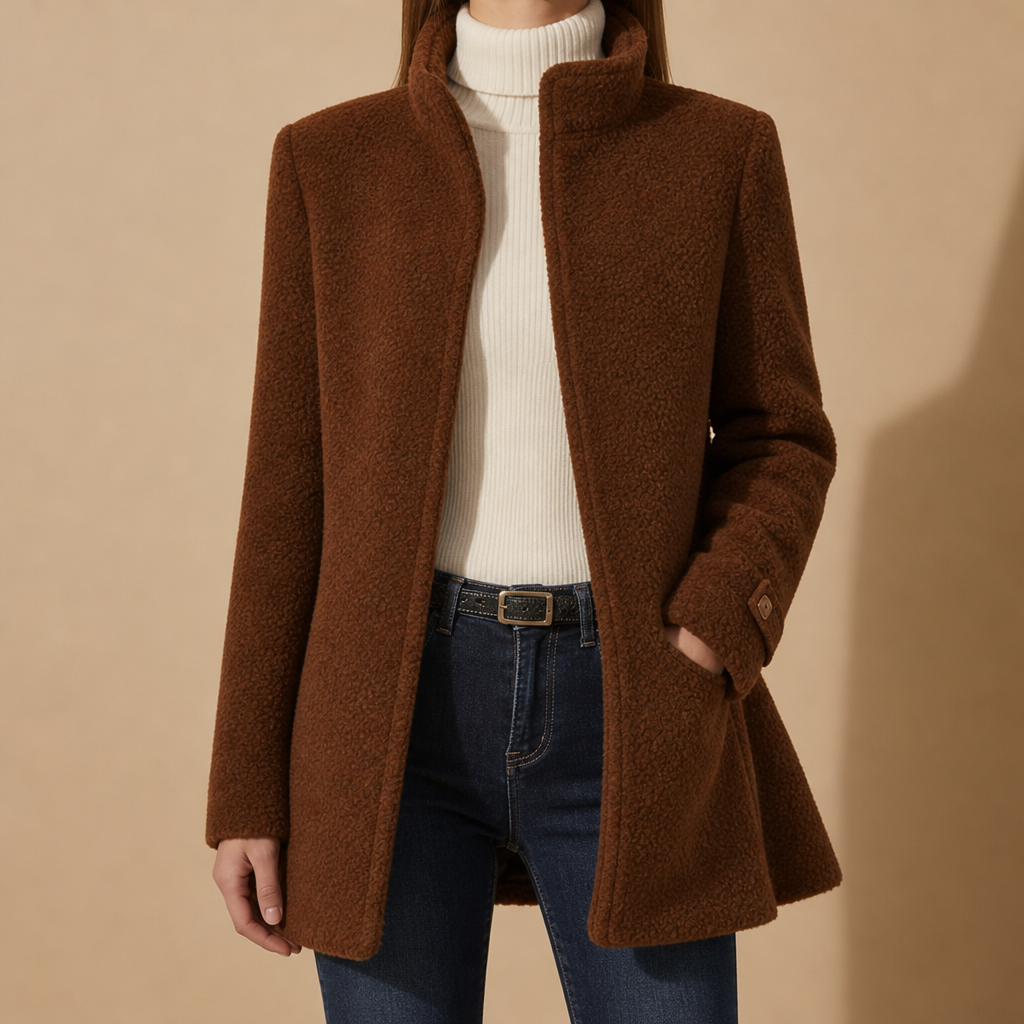 Ronda Fleece Stand Collar Coat in Brown