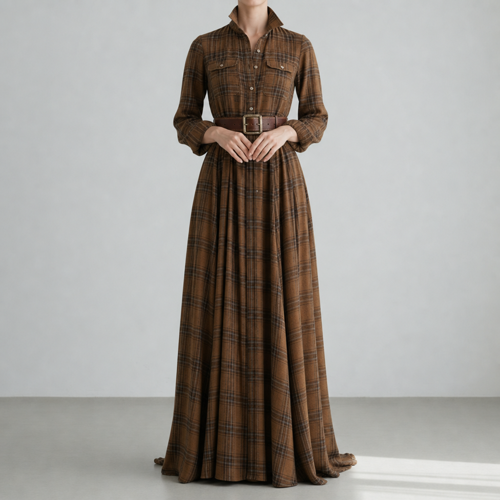 Biot Plaid Belted Maxi Dress in Brown
