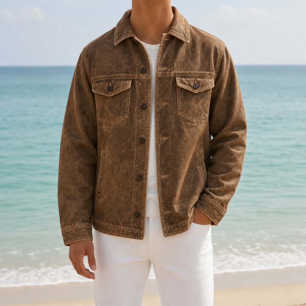 Pylos Washed Denim Work Jacket in Brown