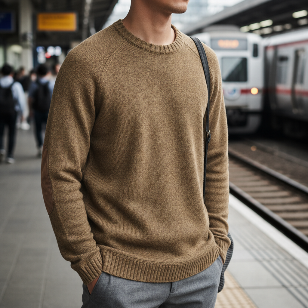 Spoleto Elbow Patch Crewneck Sweater in Brown