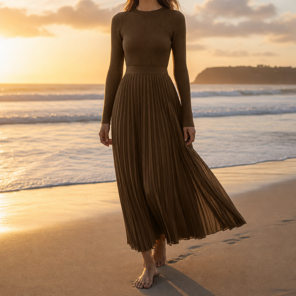 Evora Pleated Knit Maxi Dress in Brown