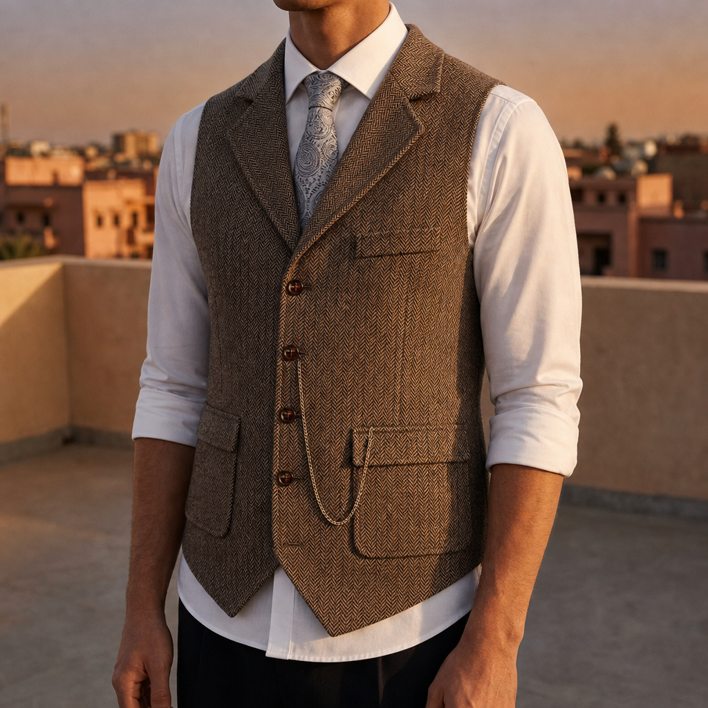 Assisi Herringbone Tweed Vest in Brown