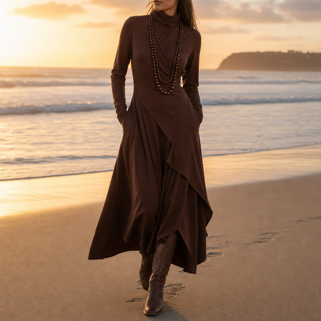 Skopelos Asymmetric Turtleneck Maxi Dress in Brown