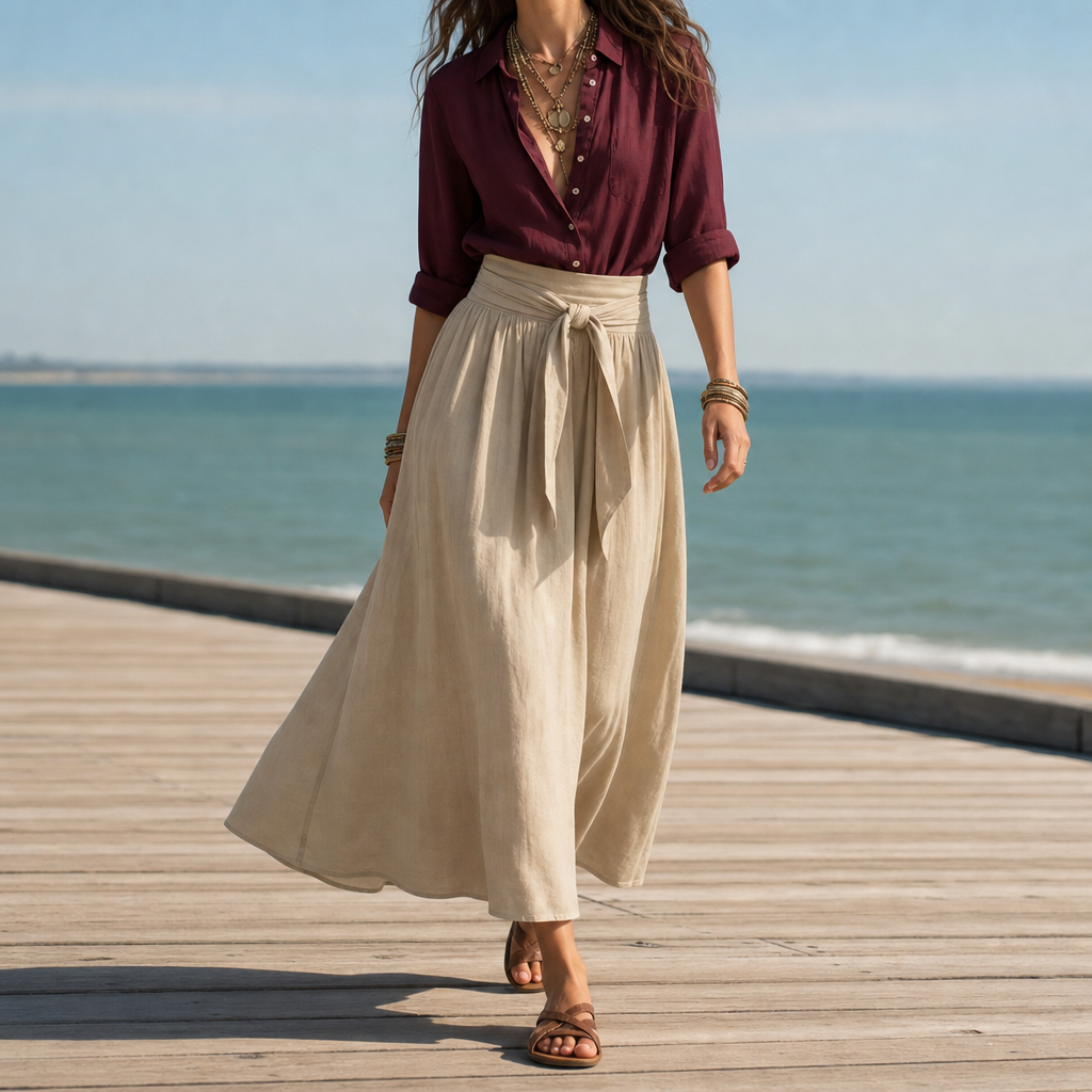 Beaulieu Linen Shirt Skirt Set in Burgundy Khaki