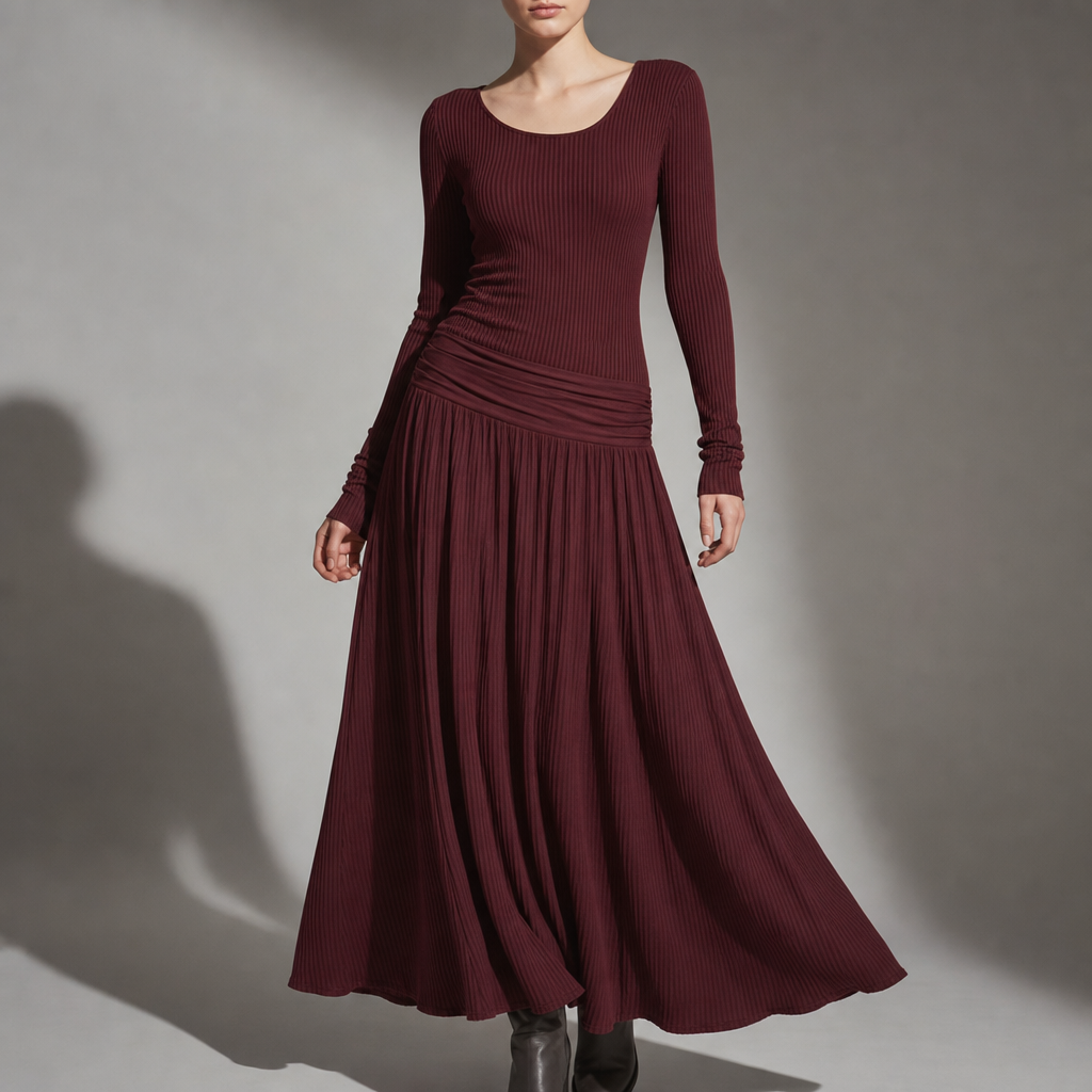Cadiz Ribbed Knit Maxi Dress in Burgundy