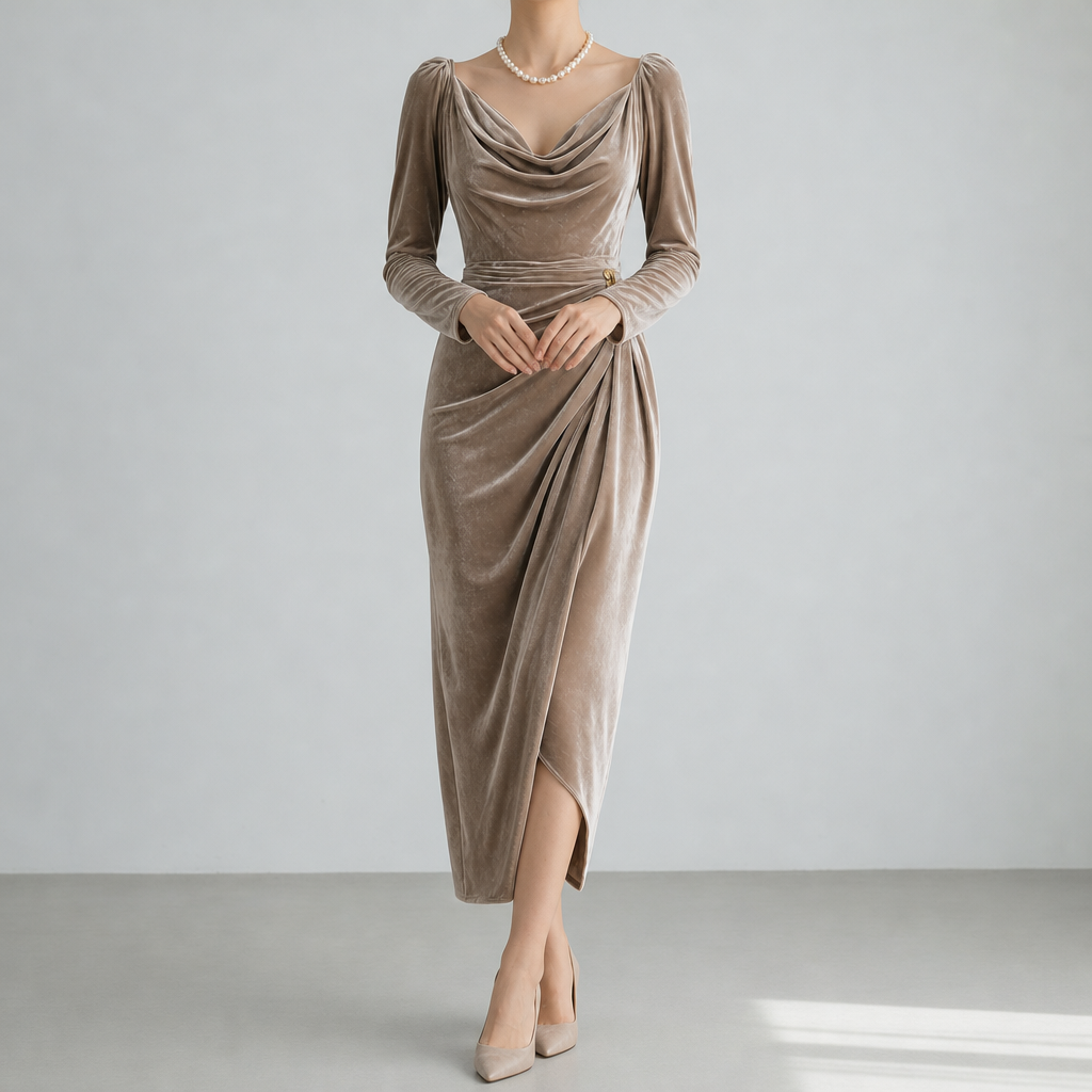 Trujillo Ruched Velvet Midi Dress in Champagne