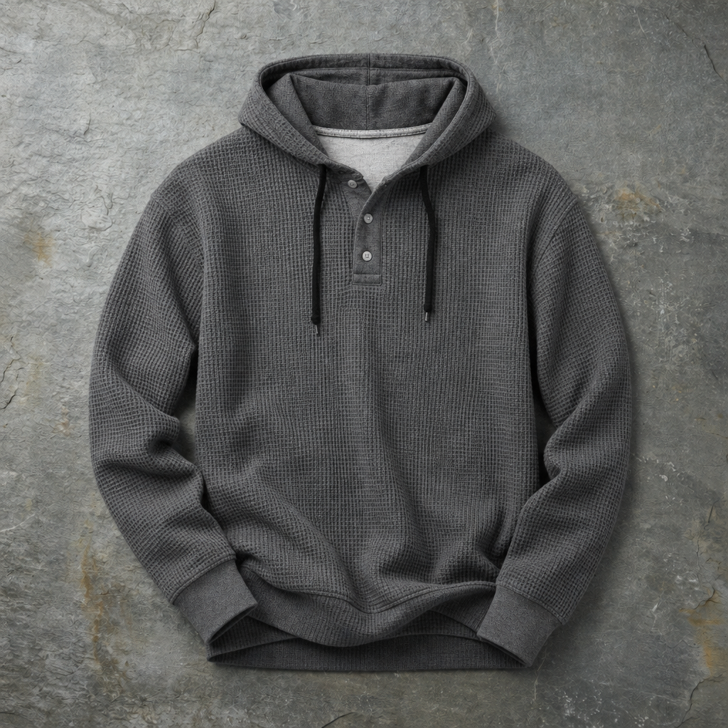 Sarentina Waffle Knit Henley Hoodie in Charcoal