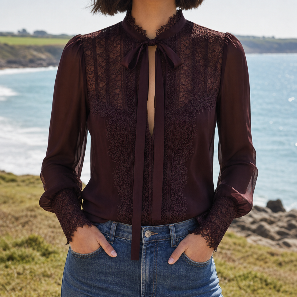 Alicante Lace Tie Neck Blouse in Claret