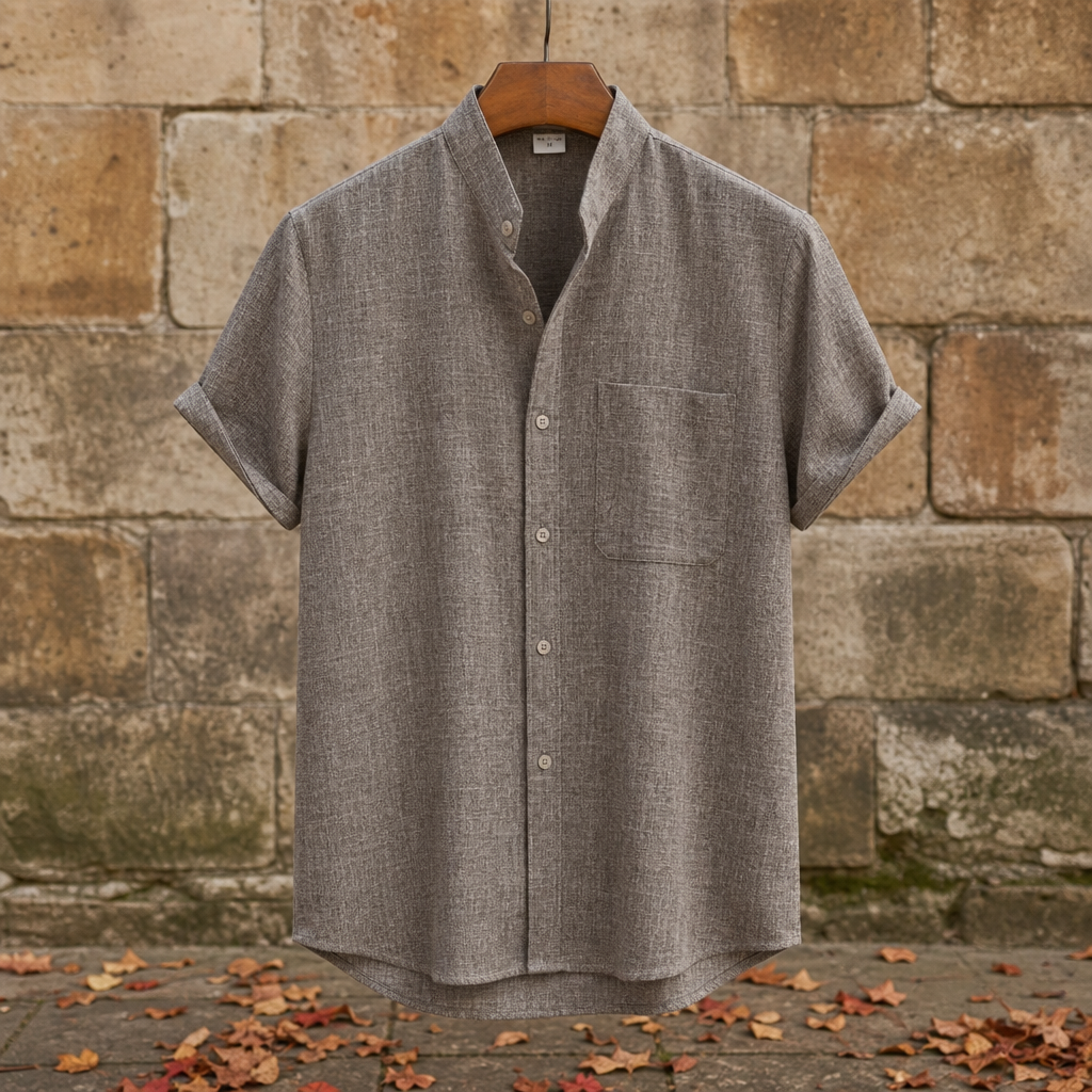 Ierapetra Stand Collar Linen Shirt in Coffee