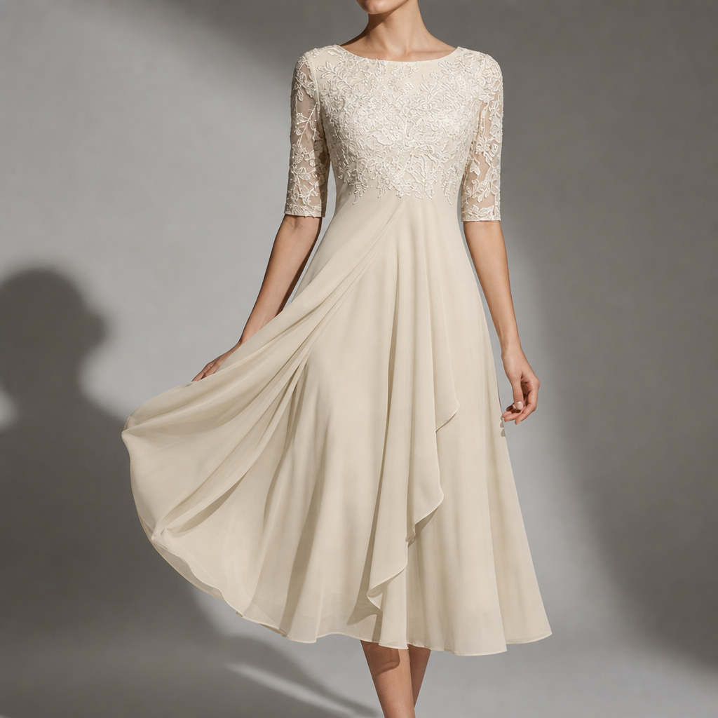 Sagres Lace Chiffon Midi Dress in Cream