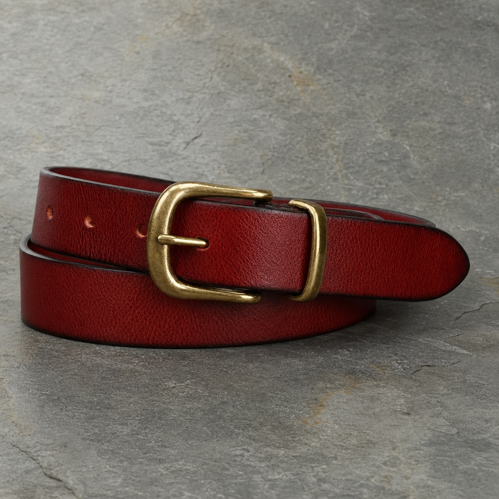 Mdina Brass Buckle Leather Belt in Crimson Red