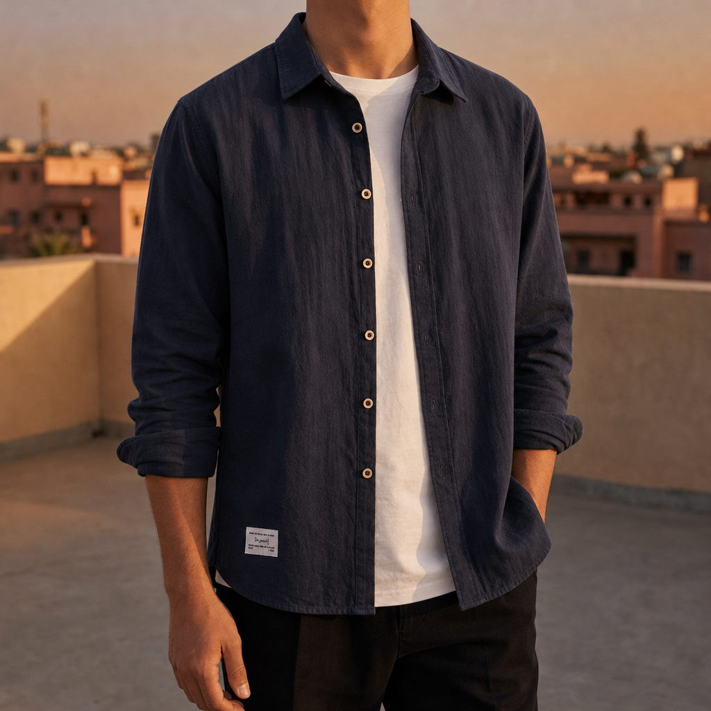 Malaga Cotton Button-Up Shirt in Dark Blue