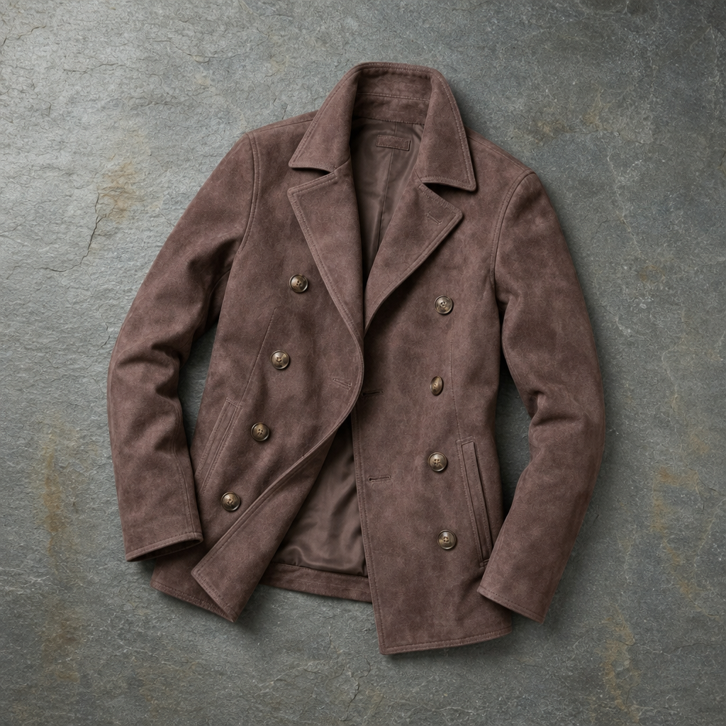Rapallo Suede Double-Breasted Peacoat in Dark Brown