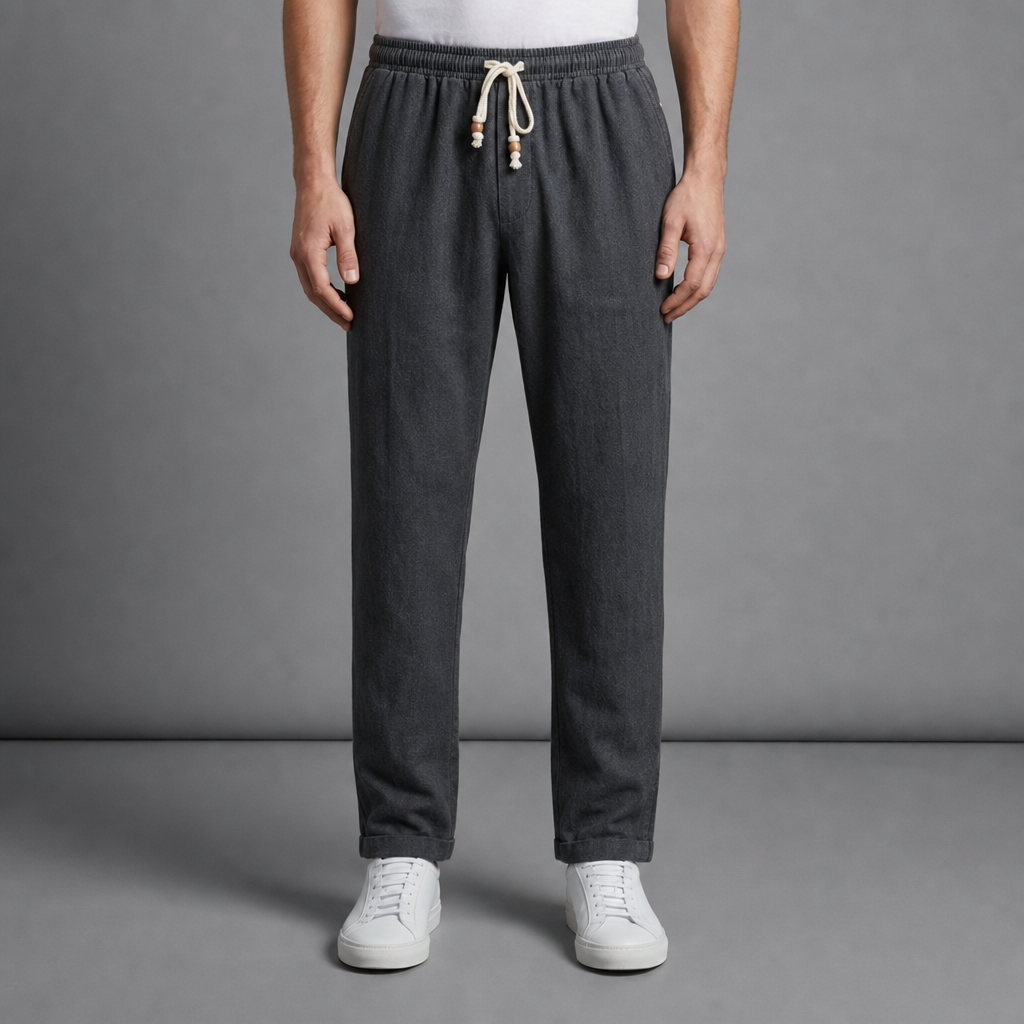 Alassio Linen Drawstring Trousers in Dark Gray